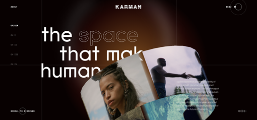 A screenshot of the webpage https://media.karmanproject.org/ that features text saying "the space that makes us human" with a circular interactive 3d illustration.